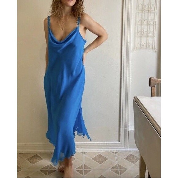 Y2k Vtg Deadstock Whimsical Delicates Ocean Blue Cowl Neck Slip Dress Sz M Fairy - Picture 3 of 15